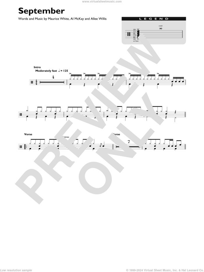 September sheet music for drums (percussions) by Earth, Wind & Fire, Al McKay, Allee Willis and Maurice White, intermediate skill level