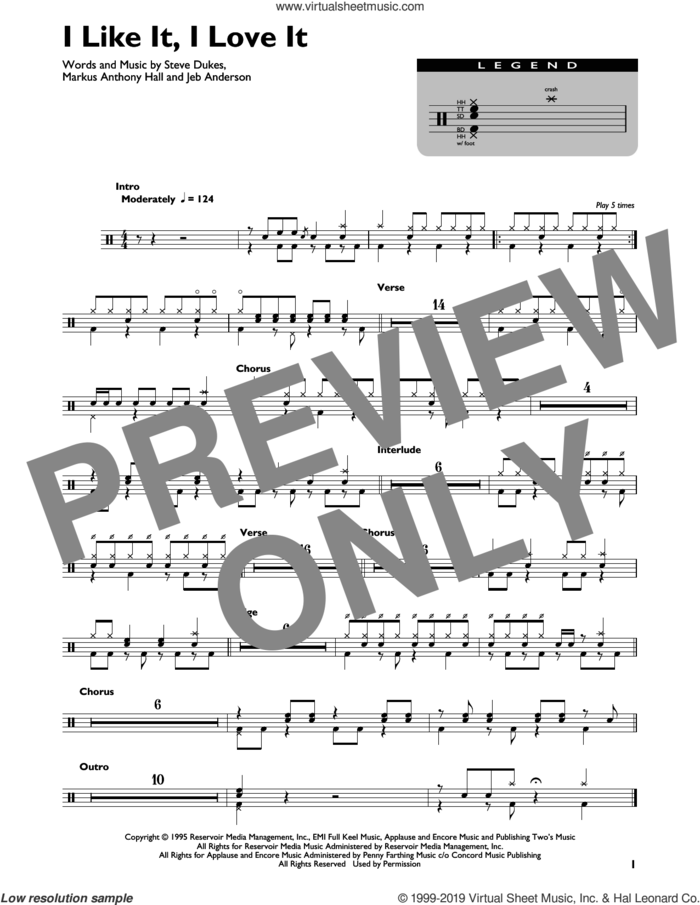 I Like It, I Love It sheet music for drums (percussions) by Tim McGraw, Jeb Anderson, Markus Anthony Hall and Steve Dukes, intermediate skill level