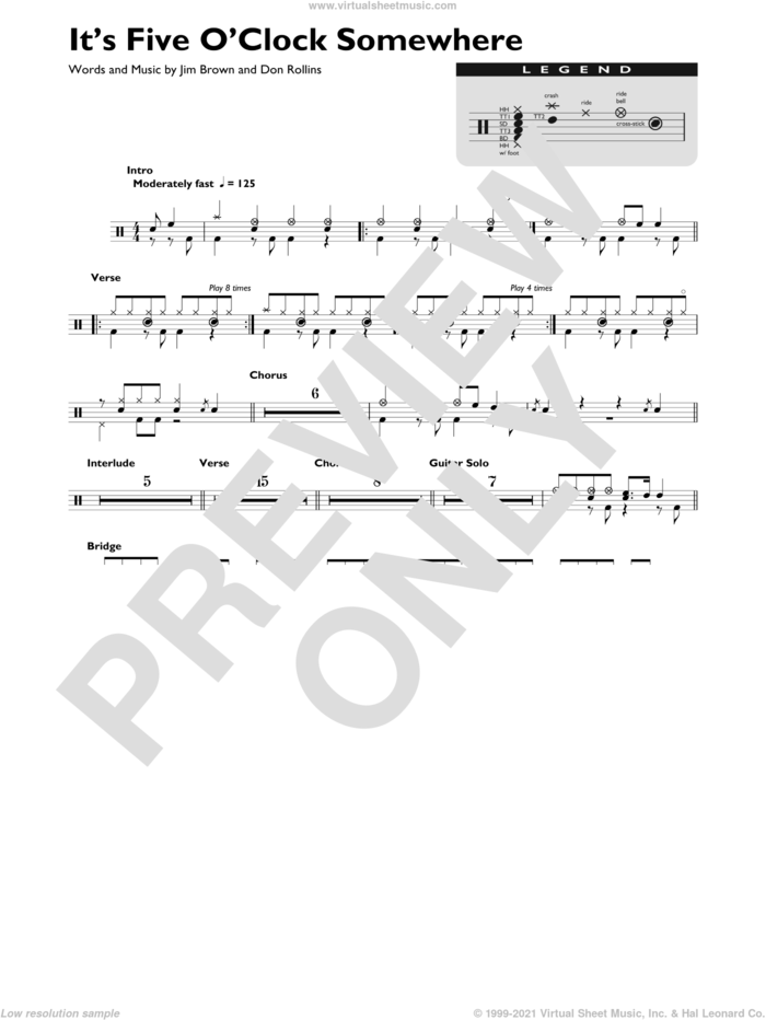 It's Five O'Clock Somewhere sheet music for drums (percussions) by Alan Jackson & Jimmy Buffett, Don Rollins and Jim Brown, intermediate skill level