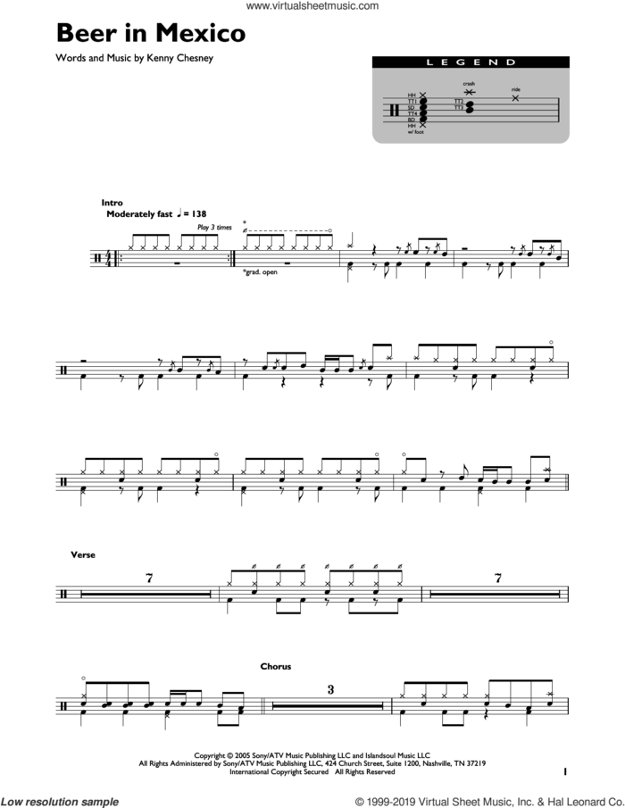 Beer In Mexico sheet music for drums (percussions) by Kenny Chesney, intermediate skill level