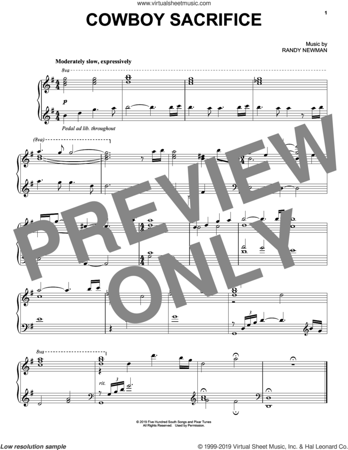 Cowboy Sacrifice (from Toy Story 4) sheet music for piano solo by Randy Newman, intermediate skill level