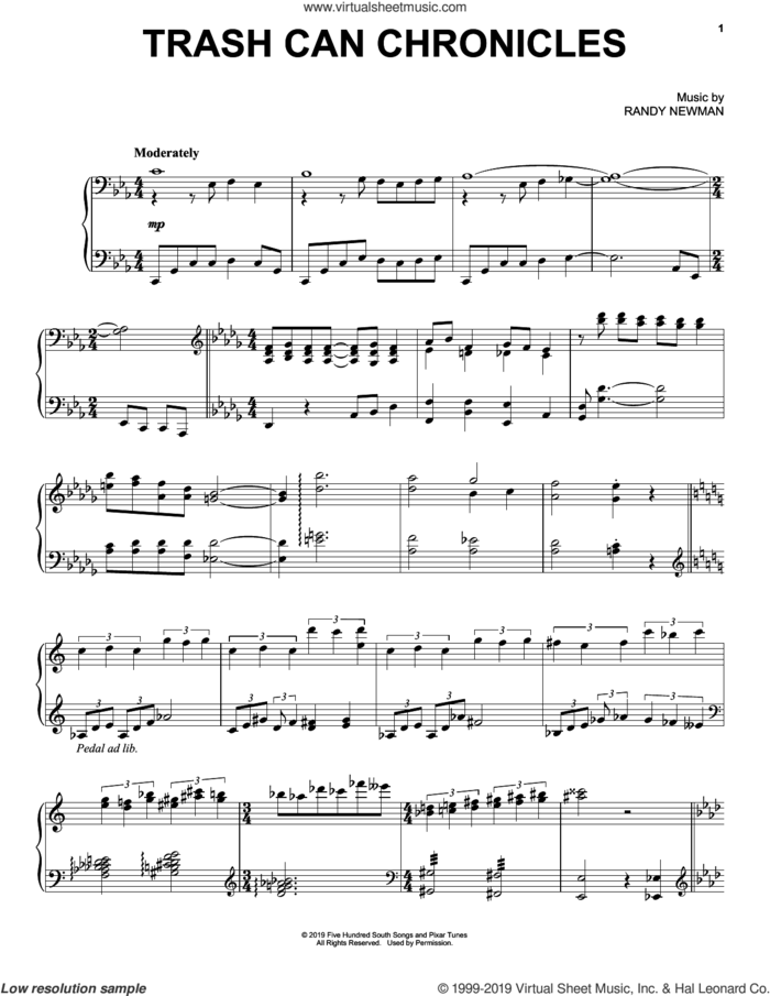 Trash Can Chronicles (from Toy Story 4) sheet music for piano solo by Randy Newman, intermediate skill level