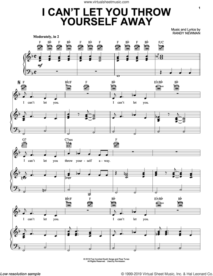 I Can't Let You Throw Yourself Away (from Toy Story 4) sheet music for voice, piano or guitar by Randy Newman, intermediate skill level