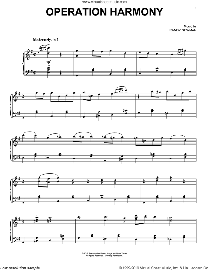 Operation Harmony (from Toy Story 4) sheet music for piano solo by Randy Newman, intermediate skill level