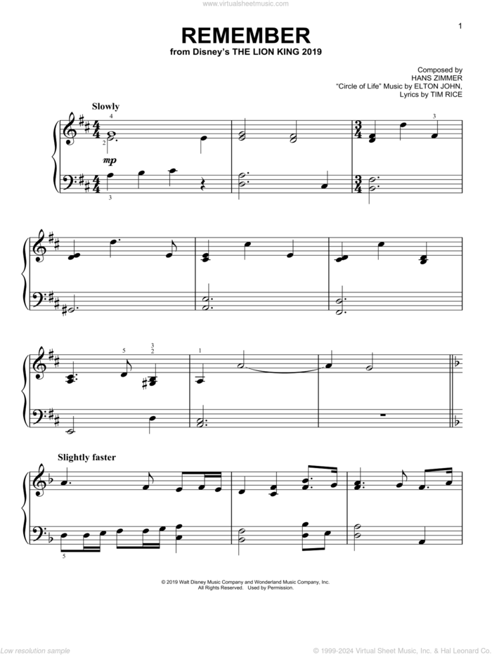 Remember (from The Lion King 2019), (easy) sheet music for piano solo by Hans Zimmer, easy skill level