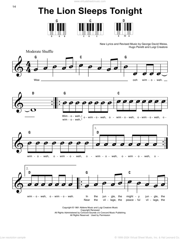 The Lion Sleeps Tonight sheet music for piano solo by Tokens, George David Weiss, Hugo Peretti and Luigi Creatore, beginner skill level