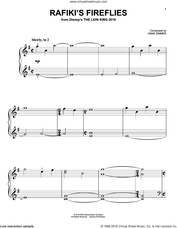 Rafiki's Fireflies (from The Lion King 2019) sheet music for piano solo by Hans Zimmer, easy skill level