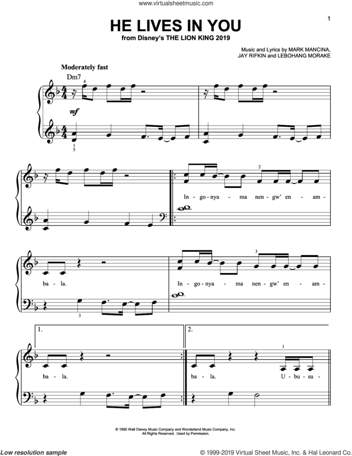 He Lives In You (from The Lion King 2019) sheet music for piano solo by Mark Mancina, Lebo M., Jay Rifkin and Lebohang Morake, easy skill level