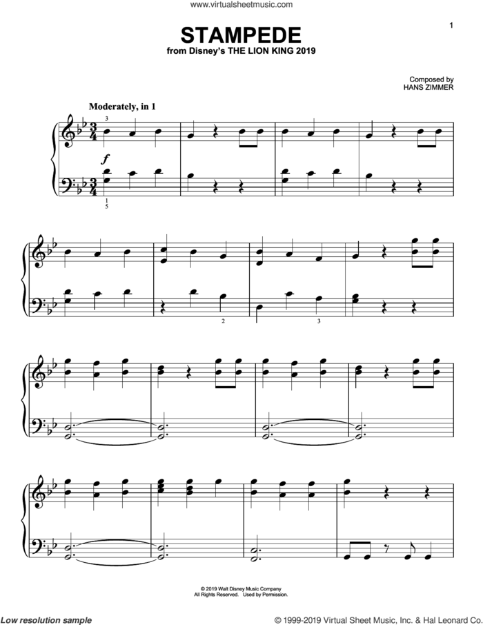 Stampede (from The Lion King 2019), (easy) sheet music for piano solo by Hans Zimmer, easy skill level
