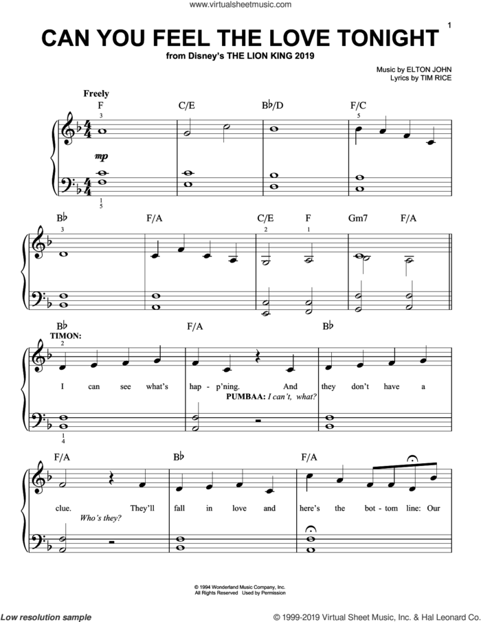 Can You Feel The Love Tonight (from The Lion King 2019), (easy) (from The Lion King 2019) sheet music for piano solo by Elton John and Tim Rice, wedding score, easy skill level