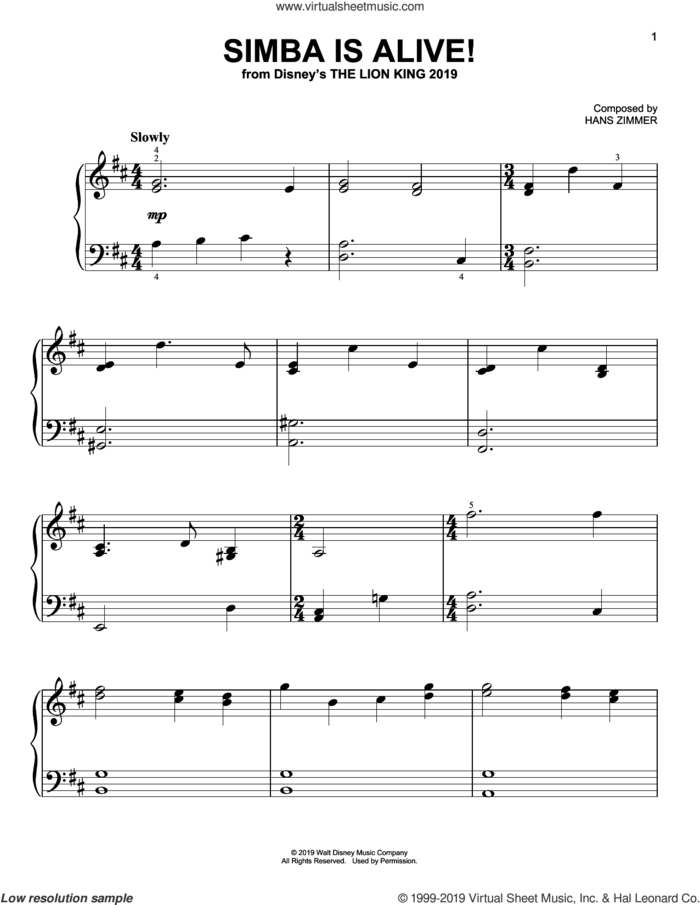 Simba Is Alive! (from The Lion King 2019) sheet music for piano solo by Hans Zimmer, easy skill level