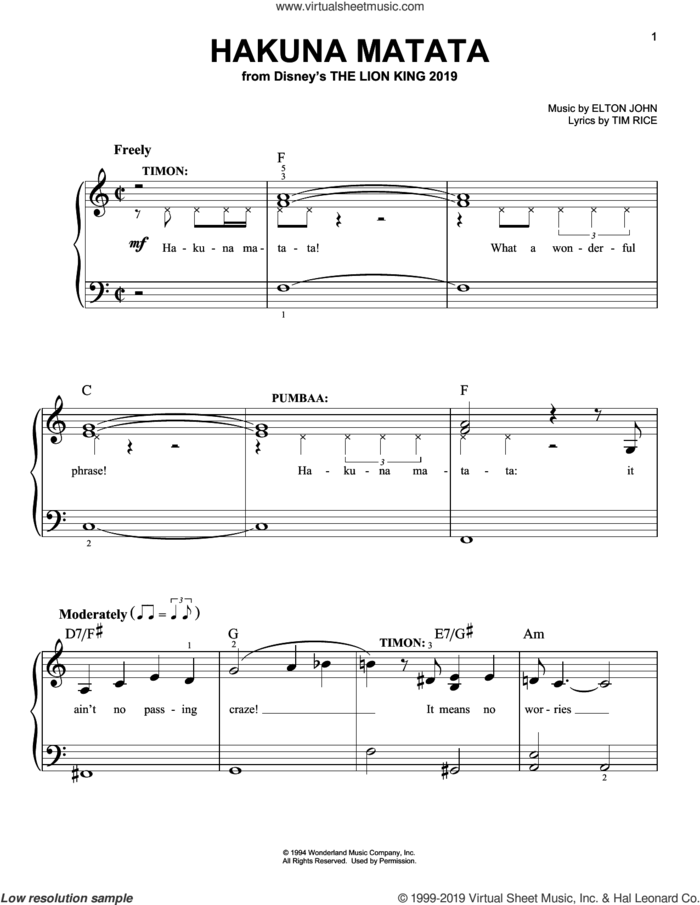 Hakuna Matata (from The Lion King 2019), (easy) (from The Lion King 2019) sheet music for piano solo by Elton John, Jimmy Cliff featuring Lebo M and Tim Rice, easy skill level