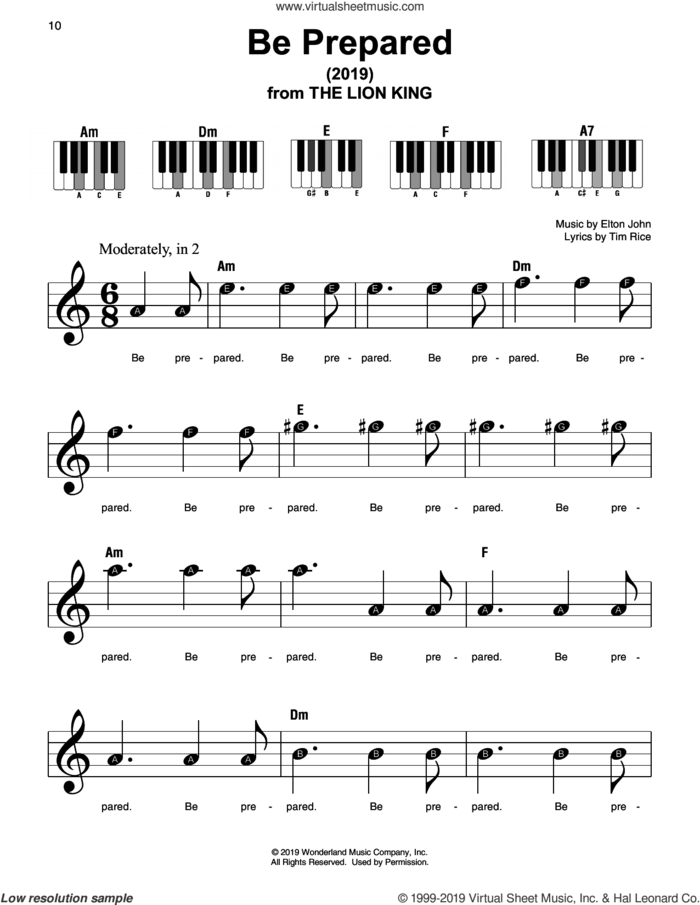 Be Prepared (from The Lion King 2019), (beginner) sheet music for piano solo by Chiwetel Ejiofor, Elton John and Tim Rice, beginner skill level