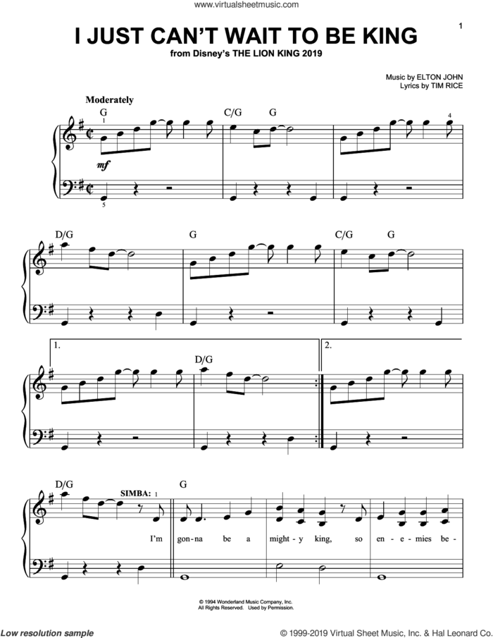 I Just Can't Wait To Be King (from The Lion King 2019) sheet music for piano solo by Elton John and Tim Rice, easy skill level