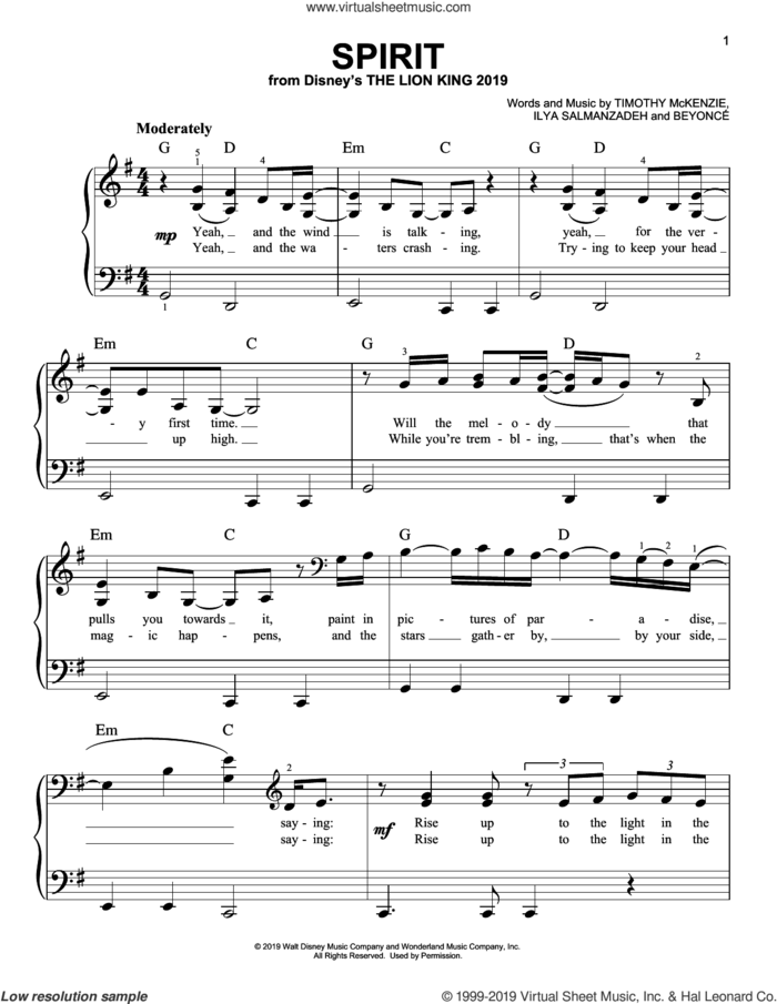 Spirit (from The Lion King 2019), (easy) sheet music for piano solo by Beyonce, Ilya Salmanzadeh and Timothy McKenzie, easy skill level