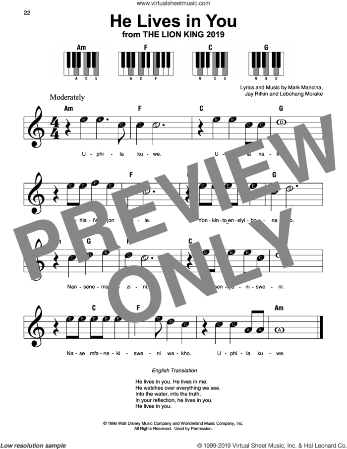 He Lives In You (from The Lion King 2019) sheet music for piano solo by Elton John, Lebo M., Jay Rifkin, Lebohang Morake, Mark Mancina and Tim Rice, beginner skill level