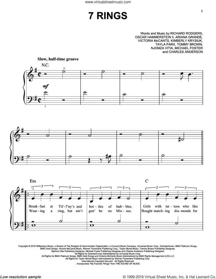7 Rings sheet music for piano solo by Ariana Grande, Charles Anderson, Kimberly Krysiuk, Michael Foster, Njomza Vitia, Oscar II Hammerstein, Richard Rodgers, Tayla Parx, Tommy Brown and Victoria McCants, easy skill level