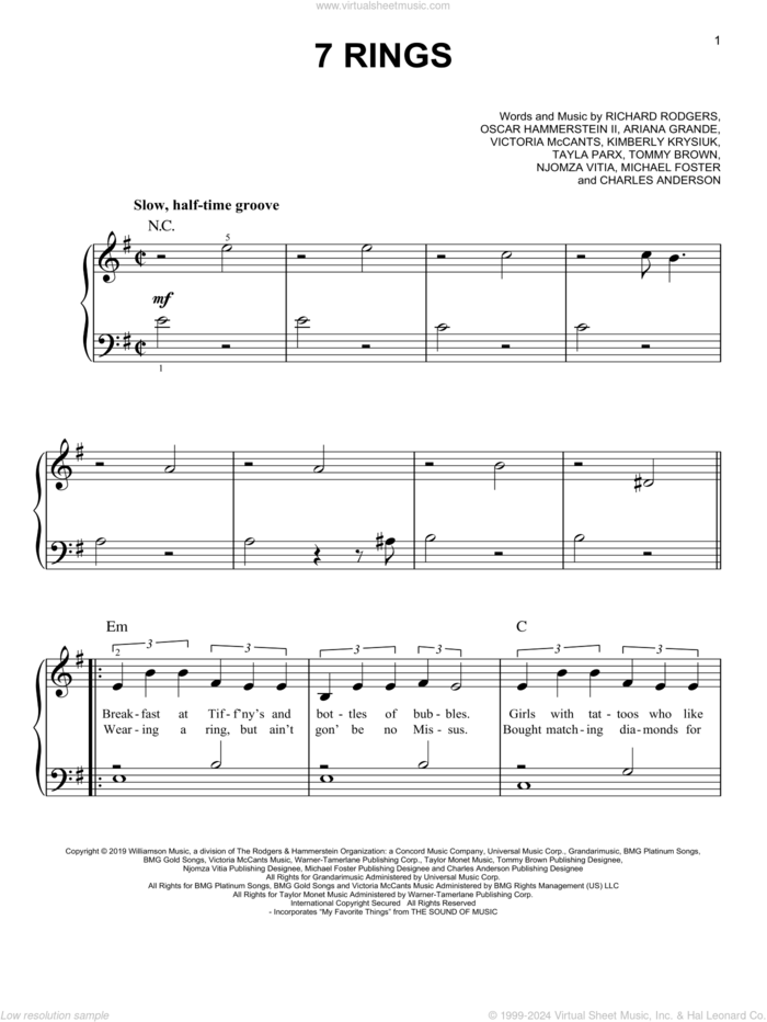 7 Rings, (easy) sheet music for piano solo by Ariana Grande, Charles Anderson, Kimberly Krysiuk, Michael Foster, Njomza Vitia, Oscar II Hammerstein, Richard Rodgers, Tayla Parx, Tommy Brown and Victoria McCants, easy skill level