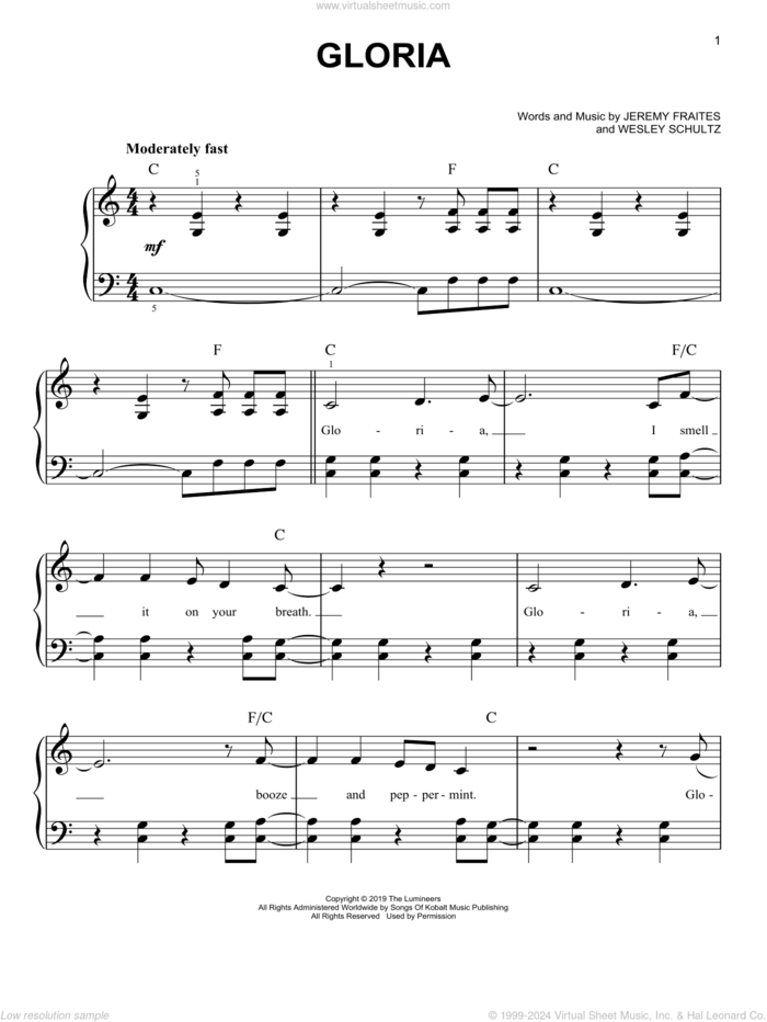 Gloria sheet music for piano solo by The Lumineers, Jeremy Fraites and Wesley Schultz, easy skill level