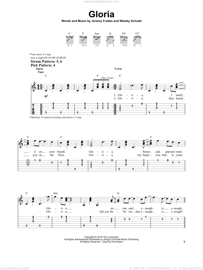 Gloria sheet music for guitar solo (easy tablature) by The Lumineers, Jeremy Fraites and Wesley Schultz, easy guitar (easy tablature)