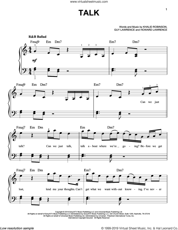 Talk sheet music for piano solo by Khalid, Guy Lawrence, Howard Lawrence and Khalid Robinson, easy skill level