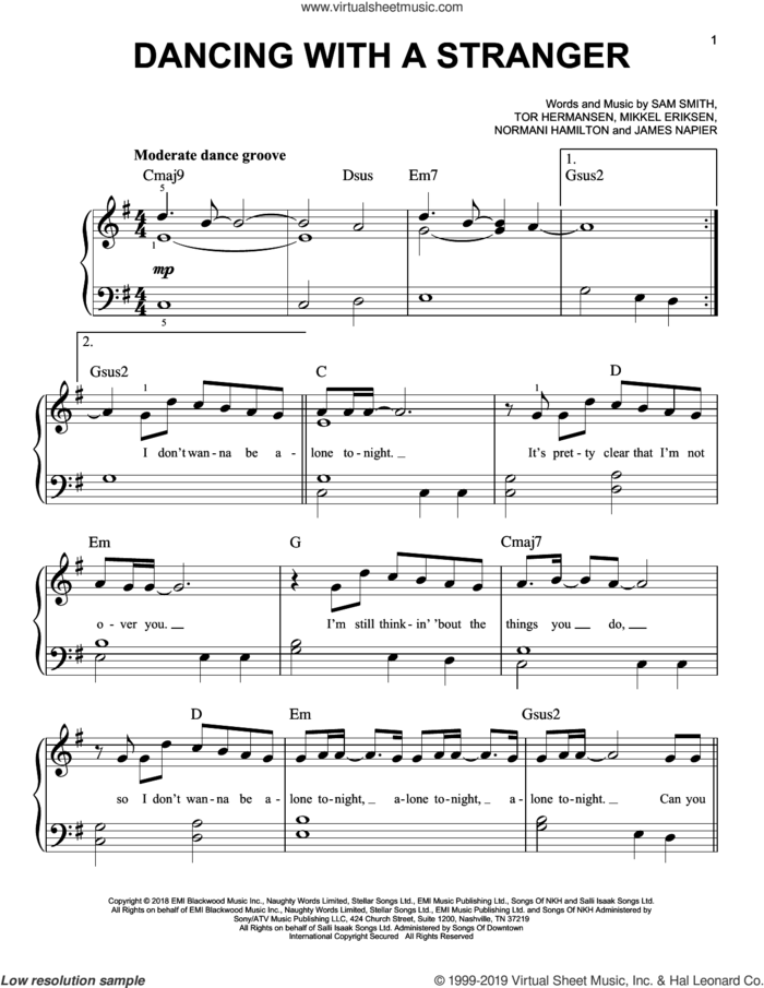 Dancing With A Stranger, (easy) sheet music for piano solo by Sam Smith & Normani, James Napier, Mikkel Eriksen, Normani Hamilton, Sam Smith and Tor Erik Hermansen, easy skill level