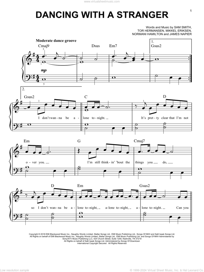 Dancing With A Stranger, (easy) sheet music for piano solo by Sam Smith & Normani, James Napier, Mikkel Eriksen, Normani Hamilton, Sam Smith and Tor Erik Hermansen, easy skill level