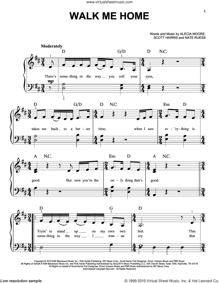 Walk Me Home, (easy) sheet music for piano solo , Alecia Moore, Nate Ruess and Scott Harris, easy skill level