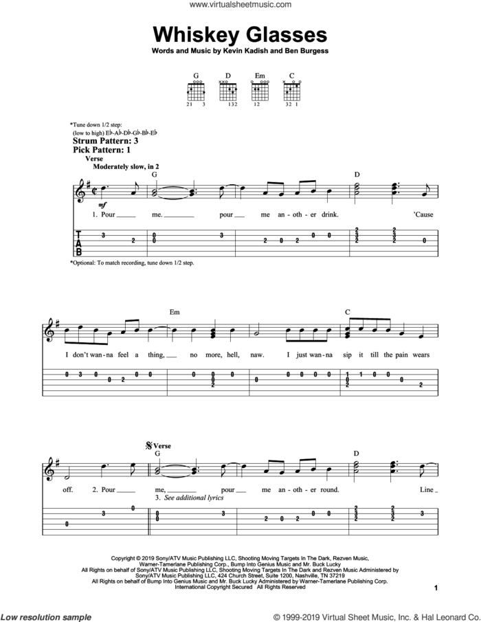 Whiskey Glasses sheet music for guitar solo (easy tablature) by Morgan Wallen, Ben Burgess and Kevin Kadish, easy guitar (easy tablature)