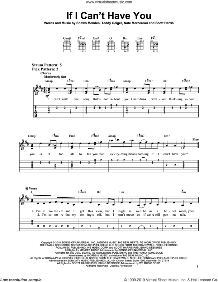 If I Can't Have You sheet music for guitar solo (easy tablature) by Shawn Mendes, Nate Mercereau, Scott Harris and Teddy Geiger, easy guitar (easy tablature)