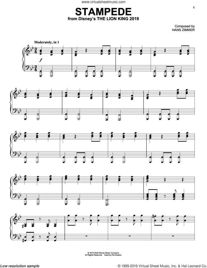 Stampede (from The Lion King 2019) sheet music for piano solo by Hans Zimmer, intermediate skill level