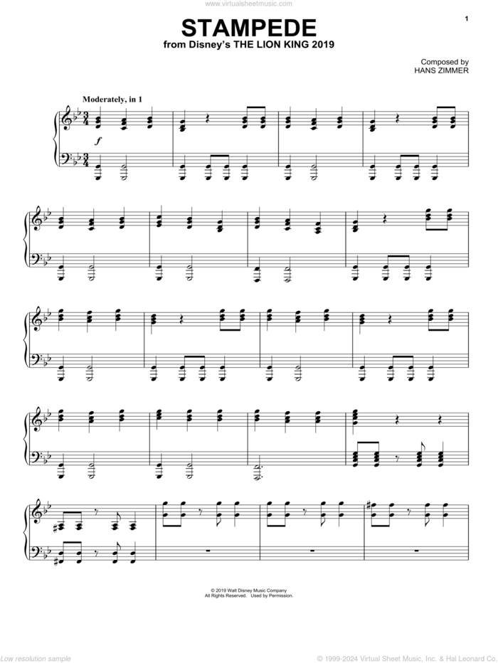 Stampede (from The Lion King 2019), (intermediate) sheet music for piano solo by Hans Zimmer, intermediate skill level