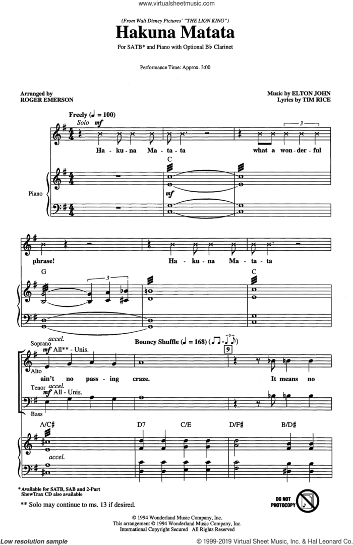 Hakuna Matata (from The Lion King) (arr. Roger Emerson) sheet music for choir (SATB: soprano, alto, tenor, bass) by Elton John, Roger Emerson and Tim Rice, intermediate skill level