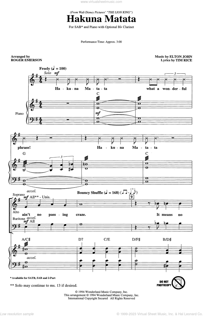 Hakuna Matata (from Disney's The Lion King) (arr. Roger Emerson) sheet music for choir (SAB: soprano, alto, bass) by Elton John, Roger Emerson and Tim Rice, intermediate skill level
