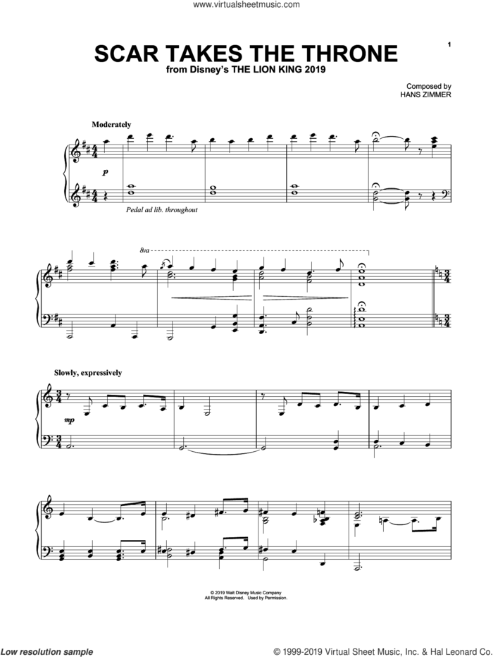 Scar Takes The Throne (from The Lion King 2019) sheet music for piano solo by Hans Zimmer, intermediate skill level