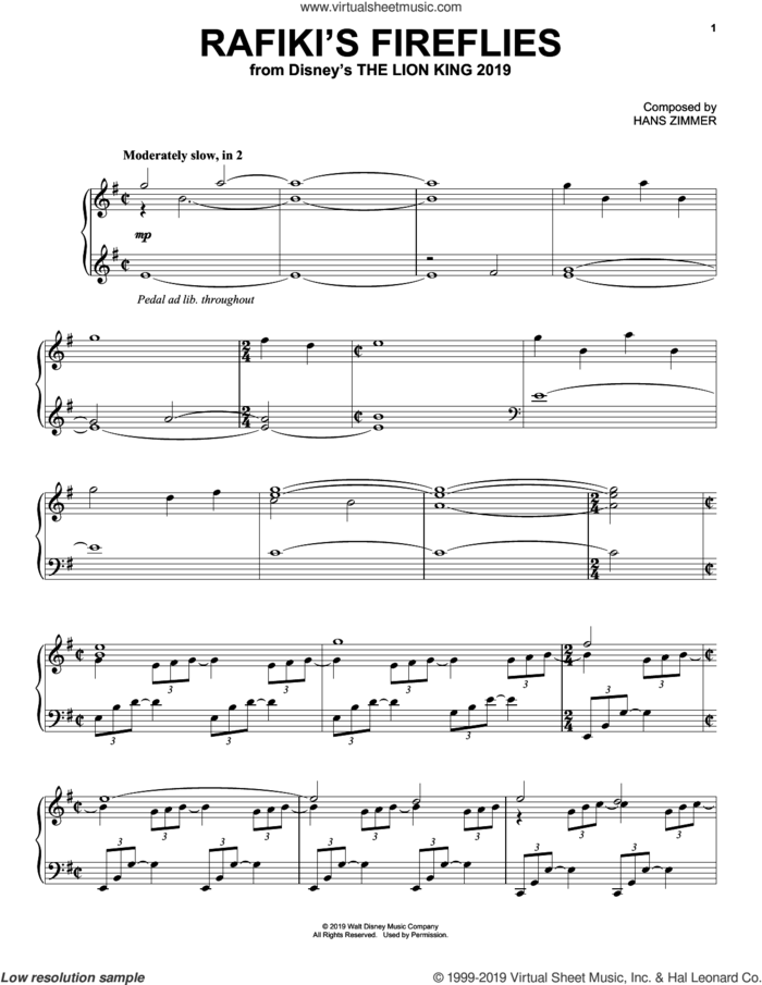Rafiki's Fireflies (from The Lion King 2019) sheet music for piano solo by Hans Zimmer, intermediate skill level