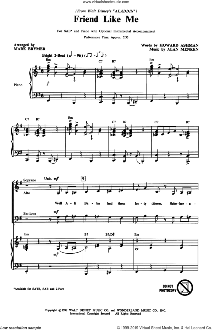 Friend Like Me (from Aladdin) (arr. Mark Brymer) sheet music for choir (SAB: soprano, alto, bass) by Alan Menken, Mark Brymer and Howard Ashman, intermediate skill level