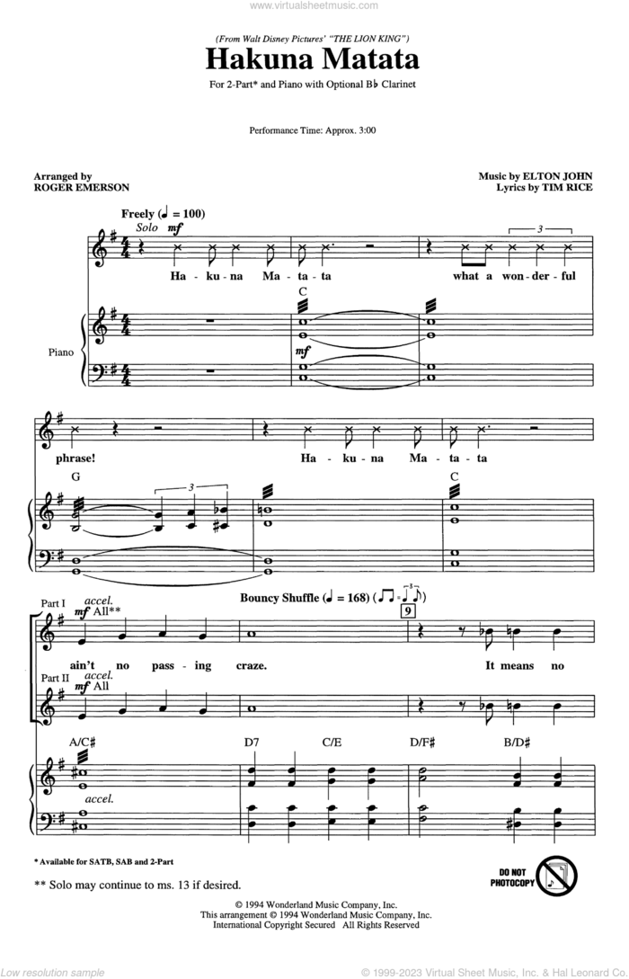 Hakuna Matata (from The Lion King) (arr. Roger Emerson) sheet music for choir (2-Part) by Elton John, Roger Emerson and Tim Rice, intermediate duet