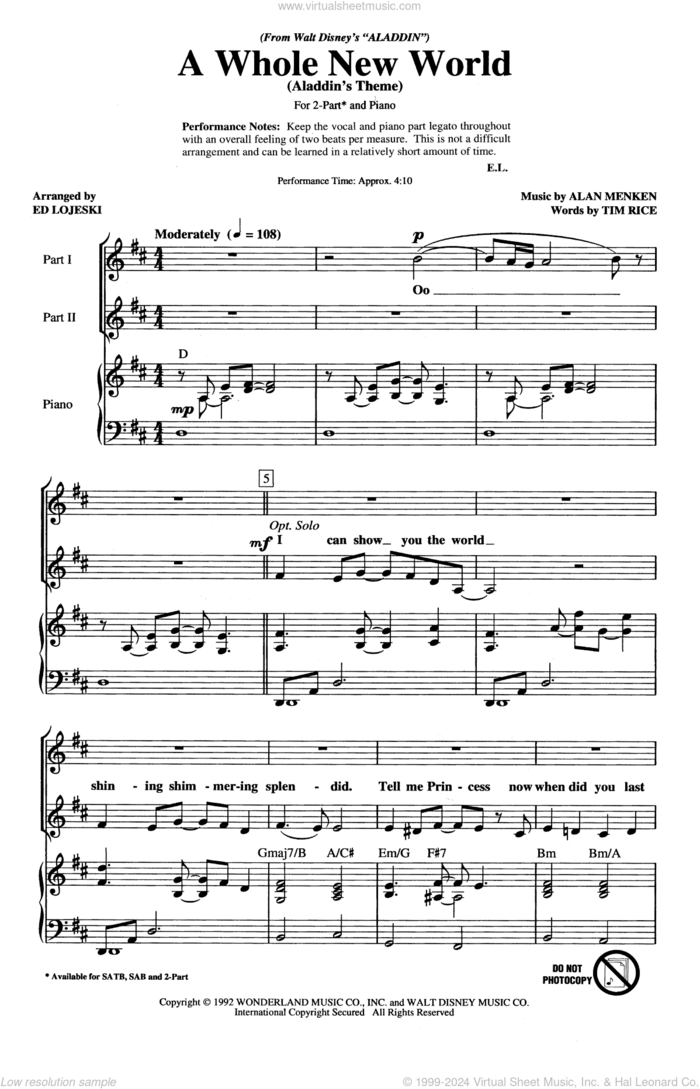 A Whole New World (Aladdin's Theme) (from Aladdin) (arr. Ed Lojeski) sheet music for choir (2-Part) by Alan Menken, Ed Lojeski and Tim Rice, wedding score, intermediate duet