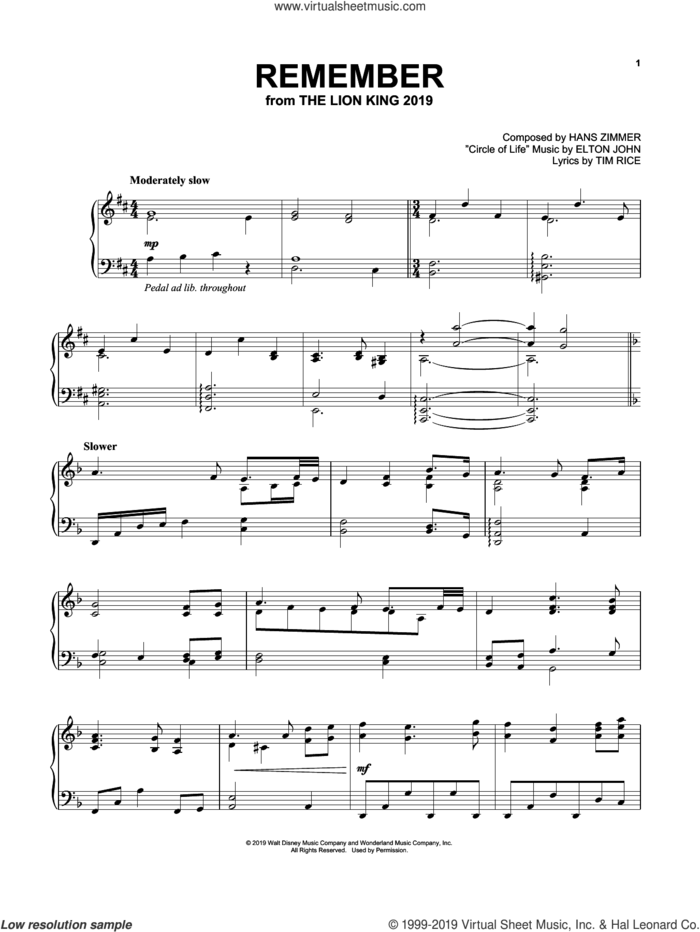 Remember (from The Lion King 2019), (intermediate) sheet music for piano solo by Hans Zimmer, intermediate skill level