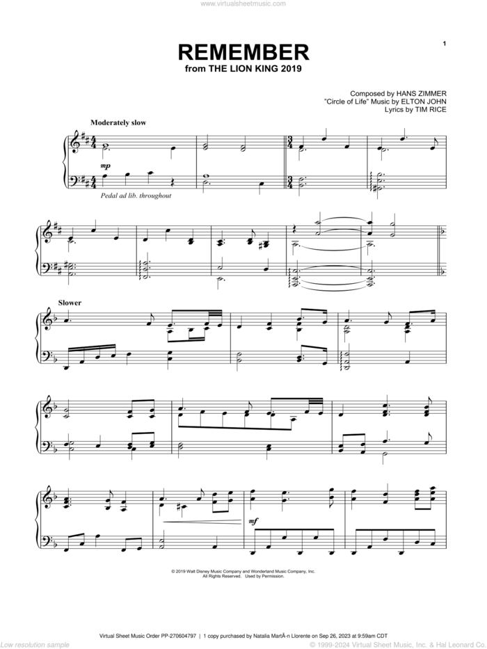 Remember (from The Lion King 2019), (intermediate) sheet music for piano solo by Hans Zimmer, intermediate skill level