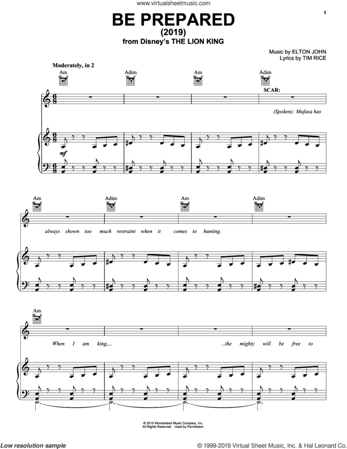 Be Prepared (from The Lion King 2019) sheet music for voice, piano or guitar by Chiwetel Ejiofor, Elton John and Tim Rice, intermediate skill level