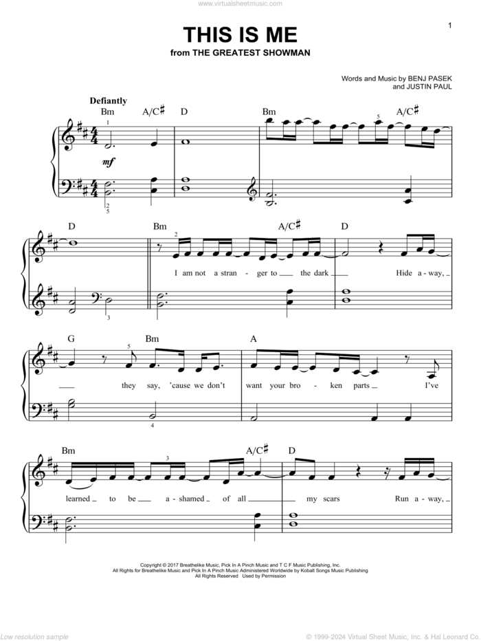 This Is Me (from The Greatest Showman), (beginner) sheet music for piano solo by Pasek & Paul, Benj Pasek and Justin Paul, beginner skill level