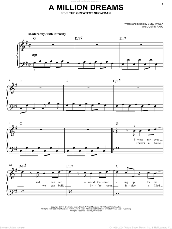 A Million Dreams (from The Greatest Showman), (beginner) sheet music for piano solo by Pasek & Paul, Benj Pasek and Justin Paul, beginner skill level