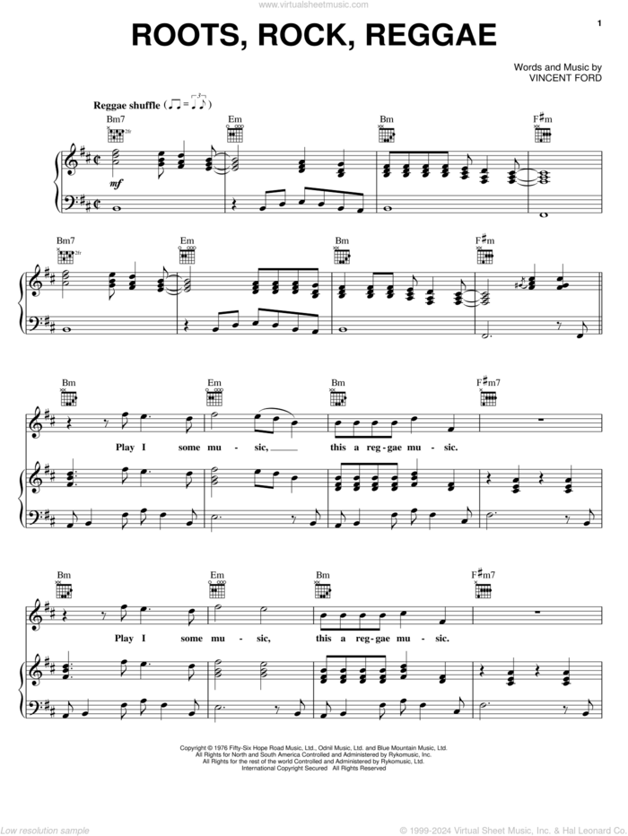 Roots, Rock, Reggae sheet music for voice, piano or guitar by Bob Marley and Vincent Ford, intermediate skill level