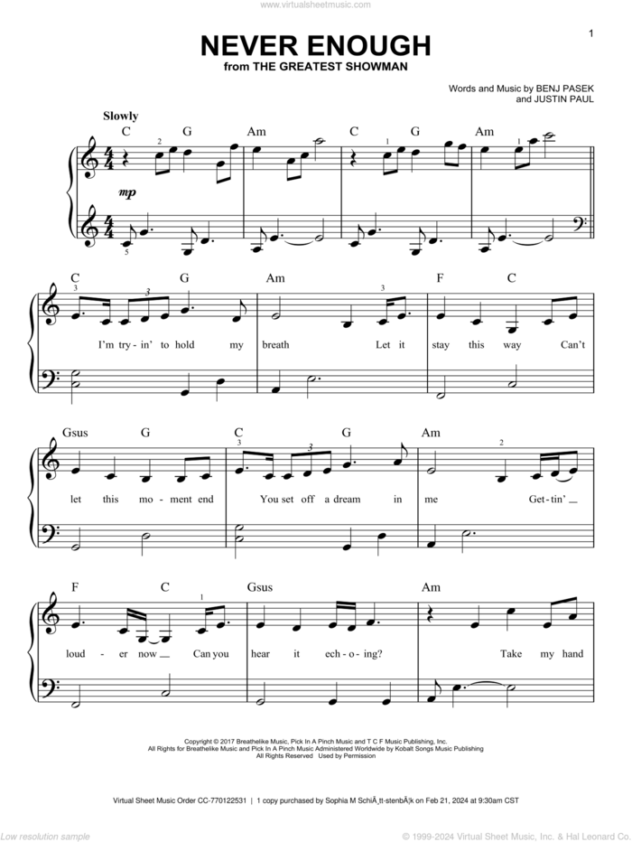 Never Enough (from The Greatest Showman), (beginner) sheet music for piano solo by Pasek & Paul, Benj Pasek and Justin Paul, beginner skill level
