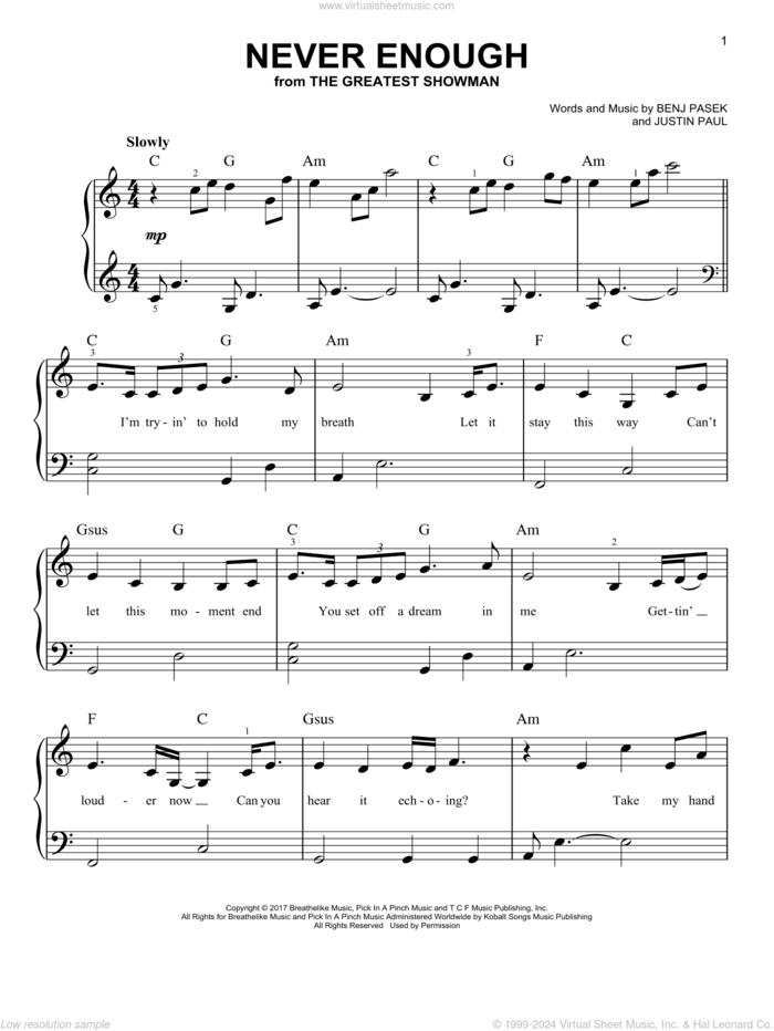 Never Enough (from The Greatest Showman), (beginner) sheet music for piano solo by Pasek & Paul, Benj Pasek and Justin Paul, beginner skill level