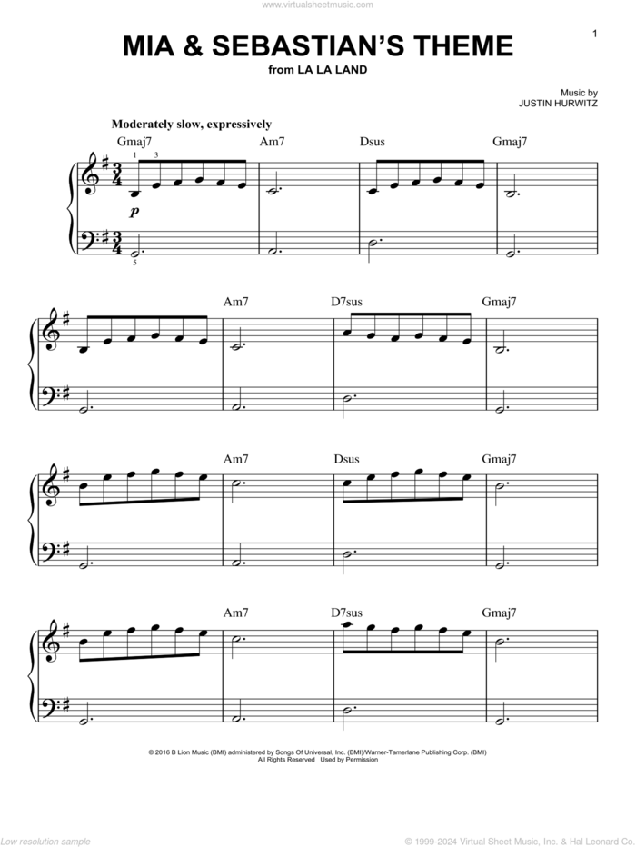 Mia and Sebastian's Theme (from La La Land) sheet music for piano solo by Justin Hurwitz, beginner skill level