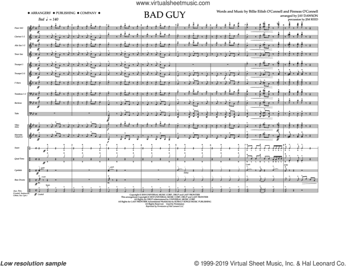 Bad Guy (arr. Jay Dawson) (complete set of parts) sheet music for marching band by Billie Eilish and Jay Dawson, intermediate skill level