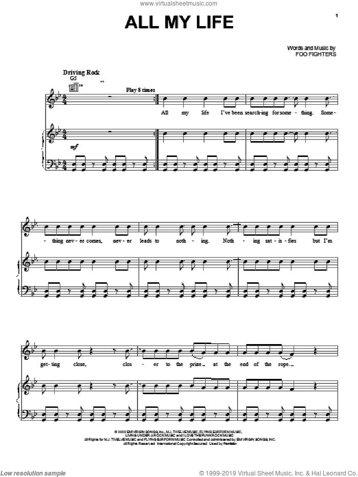 All My Life sheet music for voice, piano or guitar by Foo Fighters, intermediate skill level